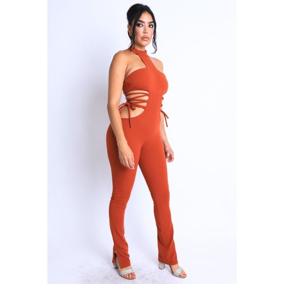 Women's Sexy Party Clubwear Cut Out Tie Detailed Grecian Neckline Jumpsuit - Picture 5 of 12